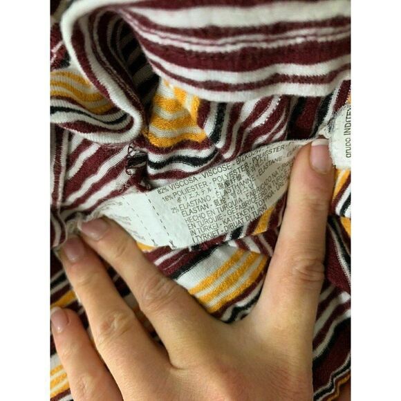 Zara Womens Yellow White Burgundy Striped V Neck Short Sleeve Top T Shirt Small - Picture 6 of 6